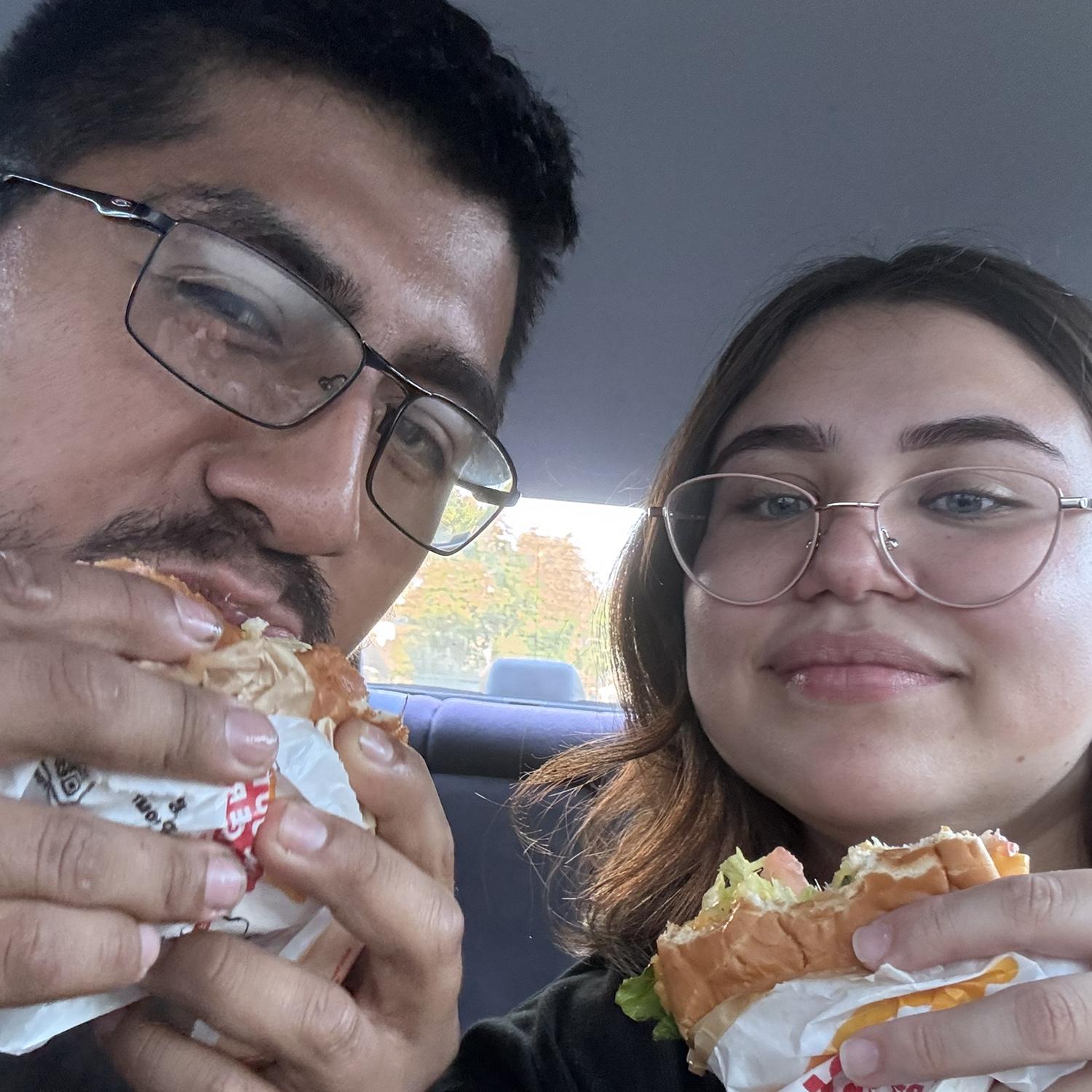 Us eating our favorite food, In n Out