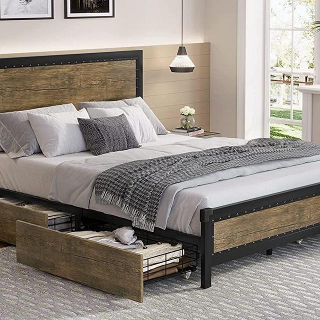ADORNEVE Queen Bed Frame with 4 Storage Drawers,Industrial Metal Platform Bed Frame Queen Size with Rivet Headboard, 13 Strong Steel Slat Support, No Box Spring Needed, Noise Free