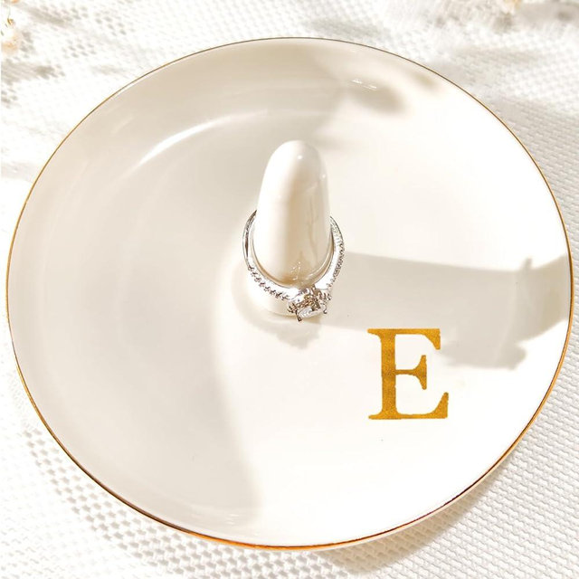 Yoqanr Ceramic Initials Jewelry Tray Ring Dish With Personalized E-Monogrammed Engagement Wedding Gifts, for Birthday Mother's Day for Women, Ceramic White 4.7" x2.4"