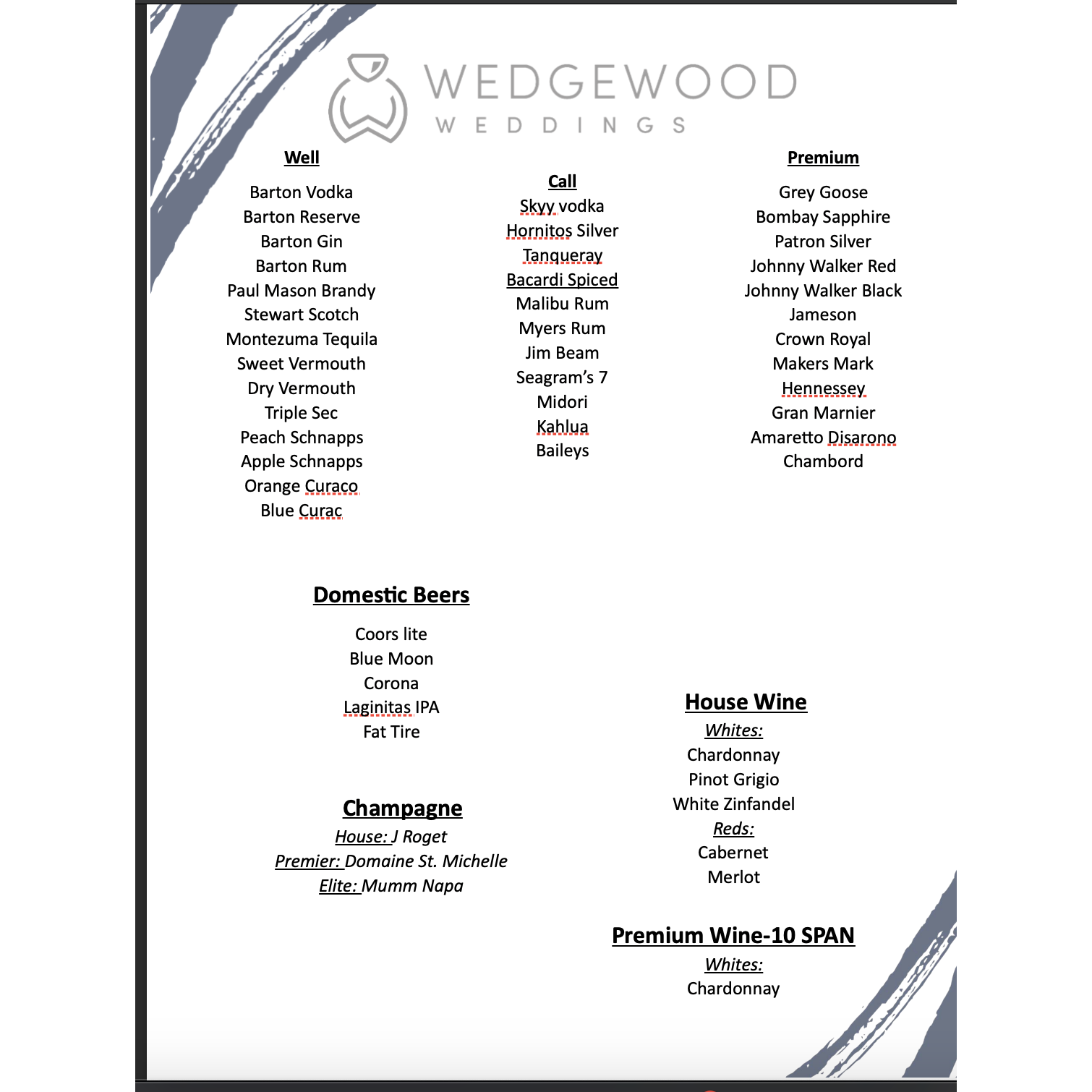 This is the booze list from the venue. It's an open bar and we paid for the good stuff, so don't let them give you the swill under "well." There are, of course, lots of non-alcoholic choices, too :)