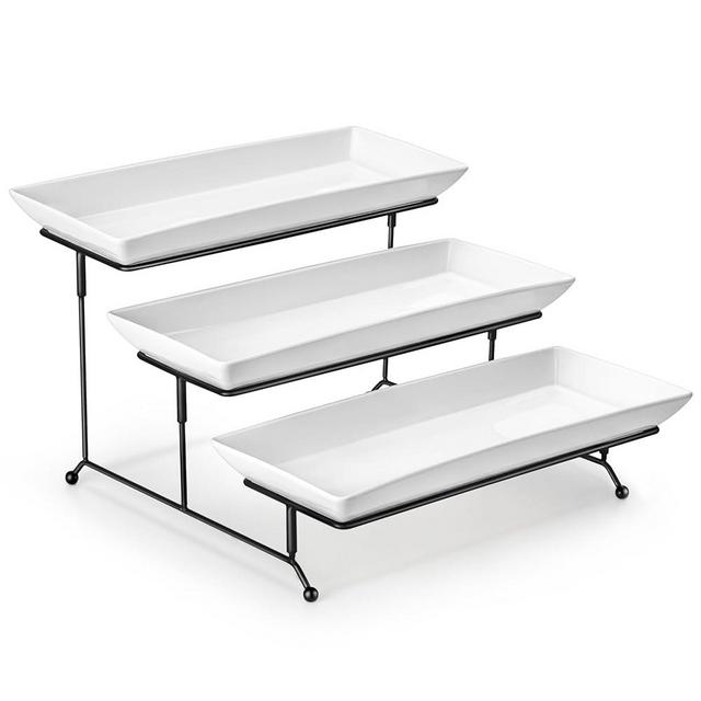 MALACASA 3 Tier Serving Tray, Porcelain Tiered Tray Stand, 14 Inch Porcelain Serving Platter with Collapsible Sturdier Rack, Dessert White, Series PLAT