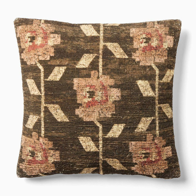 Stamped Folk Floral Pillow Cover, 20x20, Cognac