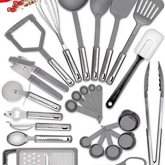 Home Hero Kitchen Utensil Set - 25 Nylon Cooking Utensils - Kitchen Utensils with Spatula - Kitchen Gadgets Cookware Set - Kitchen Tool Set Grey