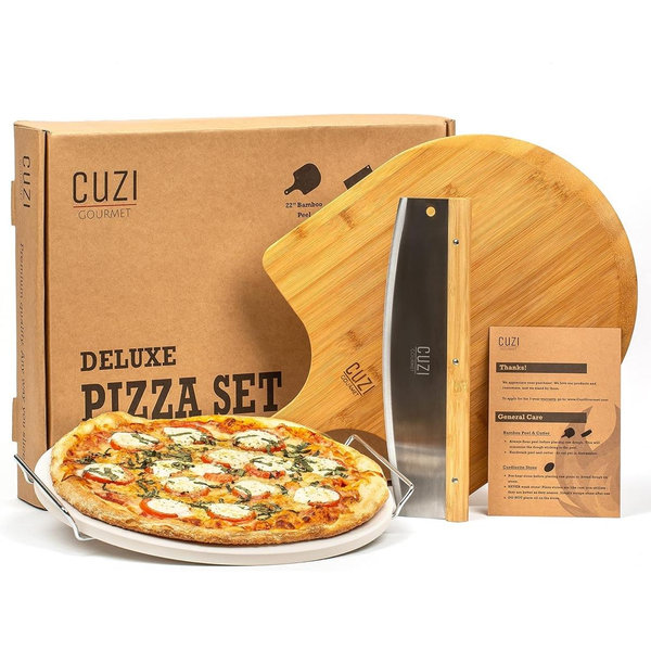 Gourmet 4-Piece Pizza Stone Set - 15" Thermal Shock Resistant Cordierite Baking Stone, 22" Natural Bamboo Peel & Cutter Rocker - Large Stone for Grill and Oven