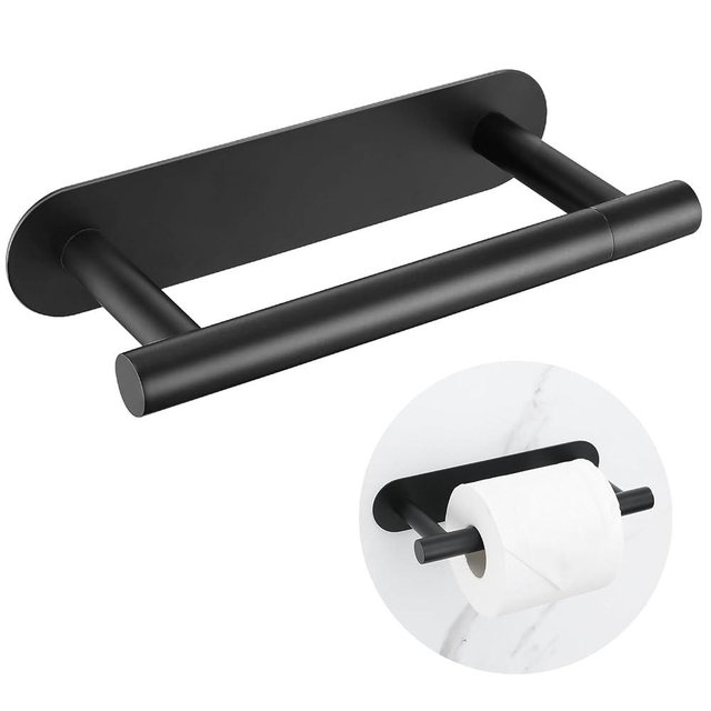Self Adhesive Matte Black Toilet Paper Holder, SUS304 Stainless Steel Toilet Roll Holder, Double Base Paper Towel Holder Wall Mount No Drilling for Bathroom, Kitchen, Washroom