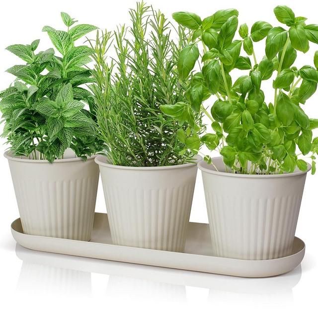 KIBAGA Beautiful Herb Garden Planter Indoor Set of 3 - Perfect for Any Kitchen Window Sill or Countertop - A Modern Decor Gardening Planter Kit Incl. Tray & Drainage Holes to Grow Fresh Herbs at Home