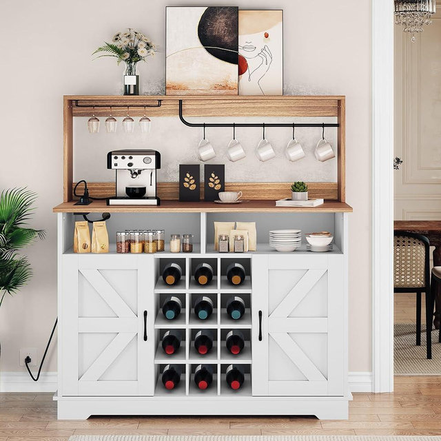 YITAHOME Farmhouse Buffet Cabinet with Storage, 47 Inch Coffee Bar with Goblet Holder & Power Outlet, Sideboard Cabinet for Kitchen, Living Room (White)