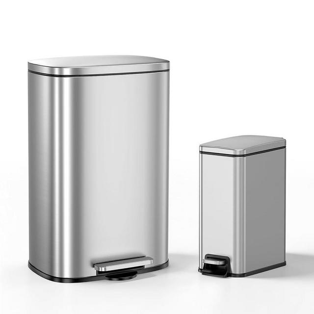 ZABINS 13 Gallon Trash Can (50L) and 1.6 Gallon (6L) Kitchen Trash Can Combo Set, Stainless Steel Garbage Can with Lid and Step-on Pedal, Soft Close Waste Bin with Inner Bucket for Home & Office