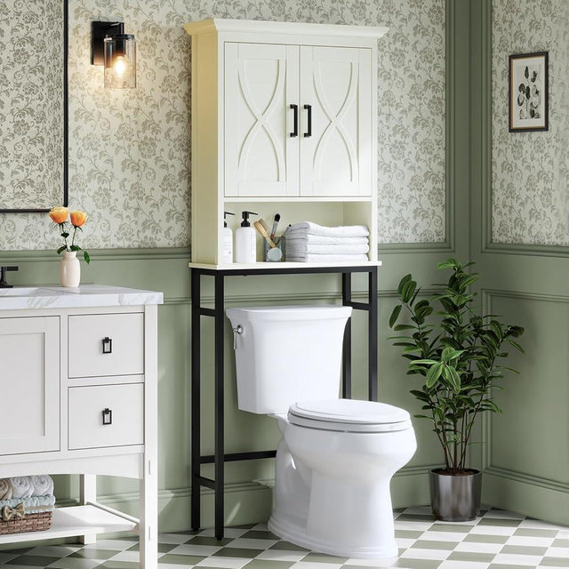 Baztin Over The Toilet Storage Cabinet, Over The Toilet Cabinet with Doors, Over Toilet Bathroom Organizer Above Toilet Storage Cabinet with Inner Adjustable Shelf and Anti-Tip Device, Cream White