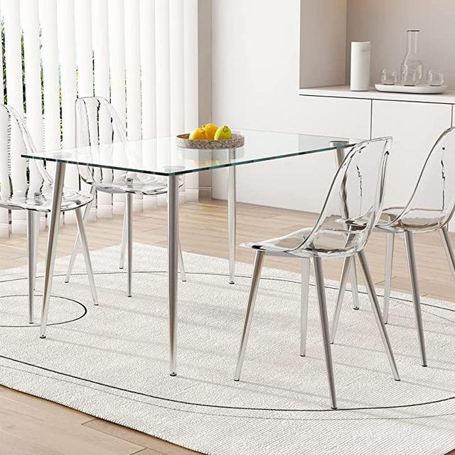 5 Piece Dining Table Set, 51" Glass Kitchen Table & 4 Acrylic Chairs,Tempered Glass Table and and Shell Design Clear Side Chairs w/Chrome Legs, Pre Assembled Modern Glass Dining Table Set for 4