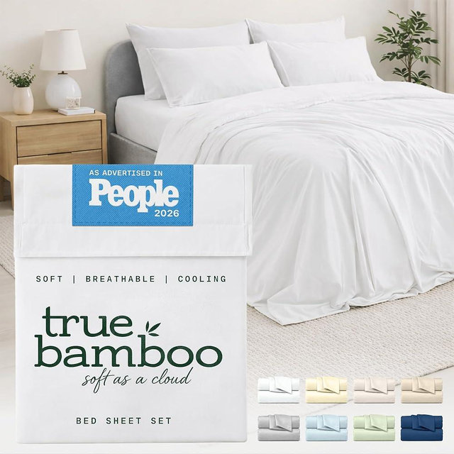 TRUE BAMBOO Sheets Set King Size - Silky Soft & Naturally Cooling for Hot Sleepers - Luxe 4 Piece Bed Sheets with Breathable & Moisture-Wicking Fabric - 16" Deep Pocket with Corner Straps, White