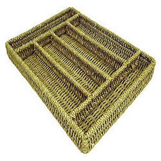 Mountain Woods Green 6 Compartment Natural Seagrass Silverware Food Serving Tray | Decorative Tray for Ottoman - 16" x 12" x 2"