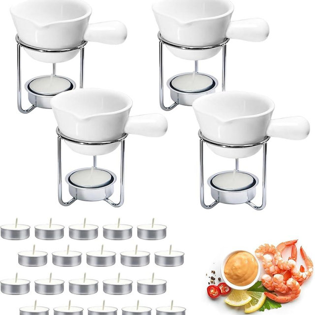 Reasim Butter Warmer for Seafood Set of 4,Lobster Butter Warmer Crab Butter Warmer Set with 20 Pcs Tealight Candles,Ceramic Drawn Butter Melter for Chocolate Cheese,Fondue Seafood Boil Party supplie