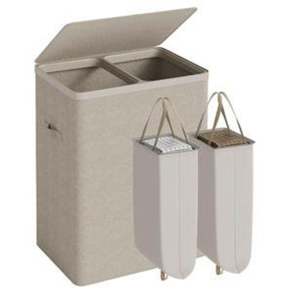 Double Laundry Hamper with Lid, 150L Laundry Basket 2 Compartments, Dirty Clothes Hamper with Handles and Removable Liners for Laundry Room, Easy Assembly, Beige