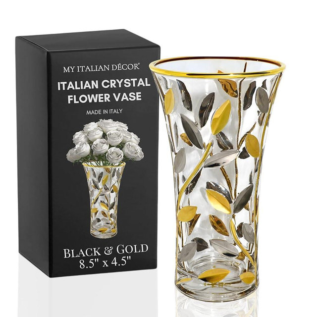 Luxury Italian Glass Vase, 8.5-inch, Silver & Gold Vase, Modern Flower Vase for Centerpieces, Shelf Decor, Perfect Gold Centerpieces for Table Home Décor Accents, Made in Italy
