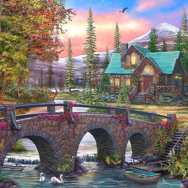 Springbok's Mountain Home Sunrise 1000 Piece Puzzle for Adults is a Soothing Image of a Mountain Cabin Retreat