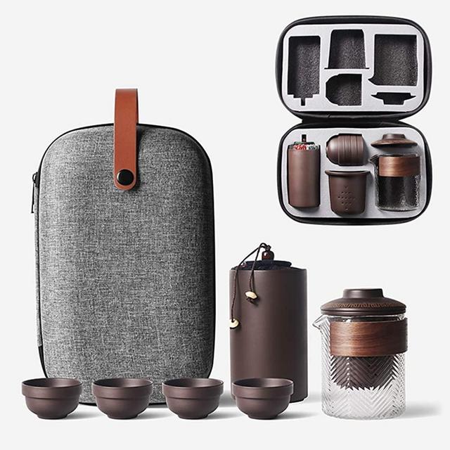 Travel Tea Sets Chinese Kung Fu Ceramic Teapot Portable Handmade Purple Clay Teapot Teacups All in One Gift Bag for Adults (Purple Clay Tea Sets 3)