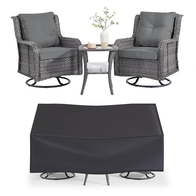 Wumiokio Patio Furniture Sets, 3 Pieces Wicker Outdoor Furniture - 360 Degree Swivel Rocking Chairs and Rattan Side Table for Garden,Porch,Backyard (Grey Wicker/Grey Cushion, 3PCS - Swivel Chairs)
