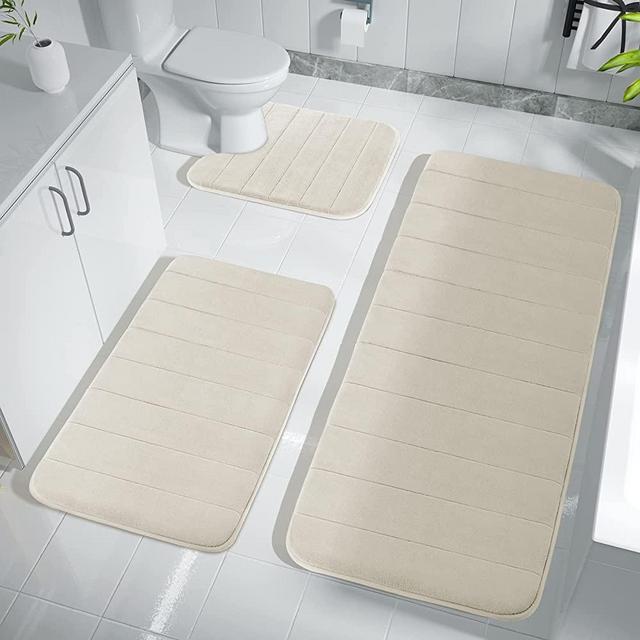 Yimobra 3 Pieces Memory Foam Bath Mat Sets, 44.1x24 + 17x24 and U-Shaped for Bathroom Rugs, Toilet Mats, Non-Slip, Soft Comfortable, Water Absorption, Machine Washable, Cream White