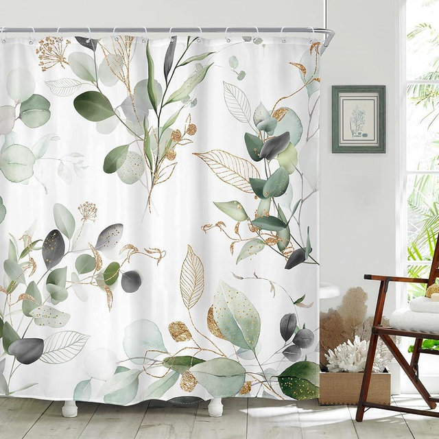 Riyidecor Sage Green Shower Curtain 72Wx72H, Botanical Eucalyptus Leaf Light Green Gold Bathroom Curtain, Watercolor Plants Earthy Spring Shower Curtain Sets with 12 Pack Hooks Ideal for Bathroom