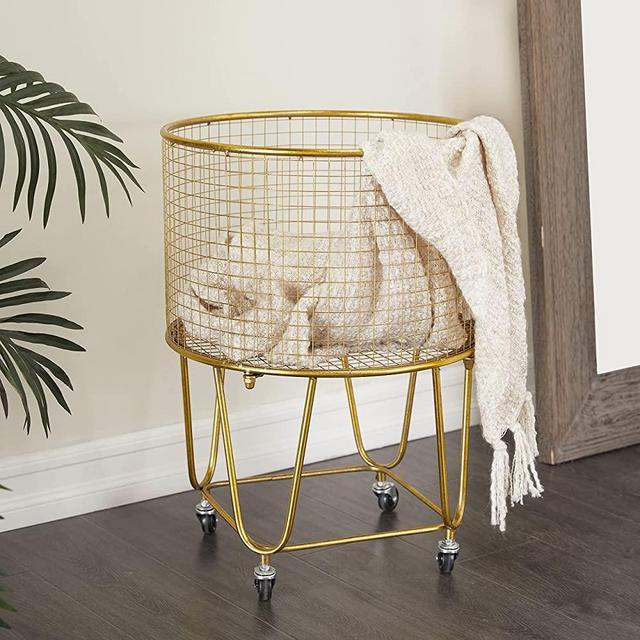 Deco 79 Glam Iron Cart Vintage Laundry, Rolling Hamper with Wheels, Storage Basket, 18" x 18" x 25", Gold