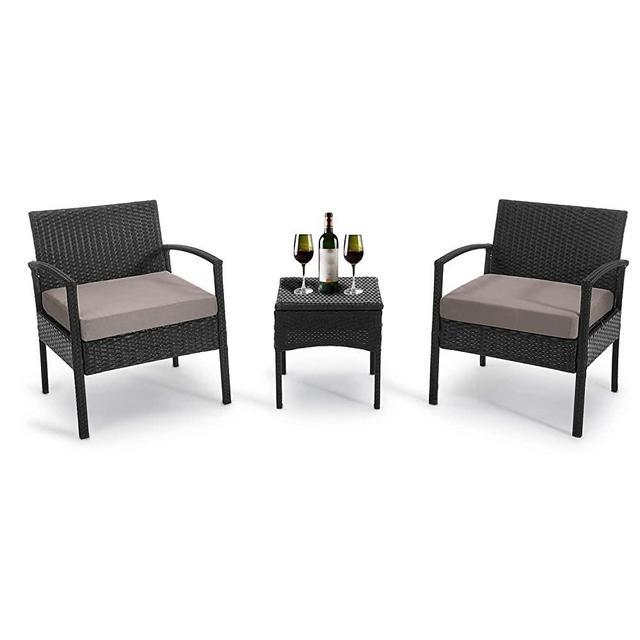GREARDEN Patio 3 Pieces PE Rattan Wicker Chair Set, Garden Rattan Wicker Furniture Set Outdoor Indoor, 3 PCS Conversation Sets with Coffee Table for Balcony Backyard(Brown)