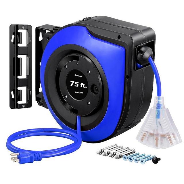 DEWENWILS Retractable Extension Cord Reel, 75 FT Heavy Duty Power Cord, 14/3C SJTOW Retractable Cord Reel, Lighted Triple Outlets, 10A Circuit Breaker, Wall/Ceiling Mount, UL Listed, Blue