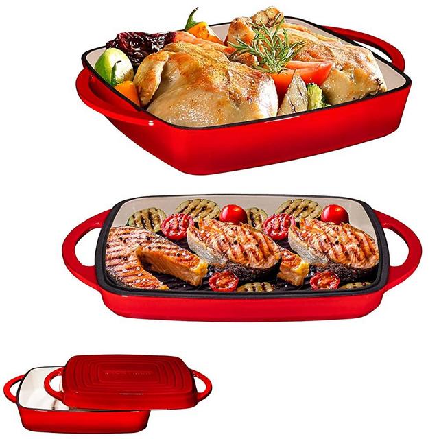2 in 1 Enameled Cast Iron 11 Inch Square Casserole Baking Pan With Griddle Lid 2 in 1 Multi Baker Dish, Fire Red
