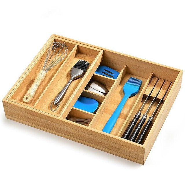 HULISEN Silverware Drawer Organizer with Sliding Top Tray, Double Layer Bamboo Utensil Organizer with Removable Knife Holder, Space-Saving Cutlery Organizer for Kitchen Drawers