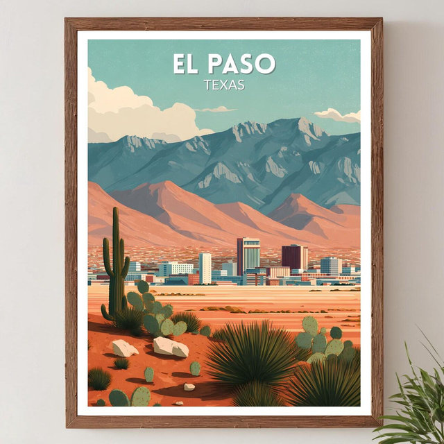 El Paso Texas Retro Travel Poster, Mid Century Modern Wall Art Print, Vintage Desert Landscape Decor, American Home Art