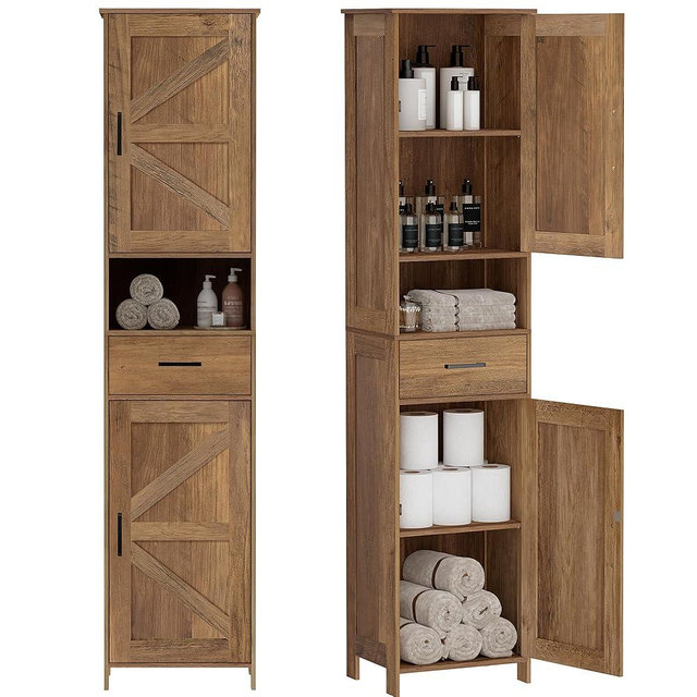 Homhedy 67" H Tall Bathroom Storage Cabinet with 2 Barn Doors and 1 Drawer, Narrow Storage Unit, Adjustable Shelves, Floor Cabinet for Bathroom, Living Room, Entryway, Kitchen, Rustic Walnut, (15.7"W)