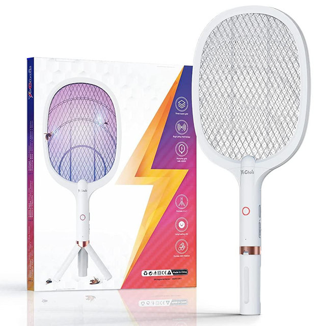 YsChois Bug Zapper Racket, Rechargeable Electric Fly Swatter Racket, Exclusive 2-in-1 Mosquito Zapper and Fly Zapper Racket - Super Powerful 4000V Grid, Indoor, Outdoor Use, 1800mAh Li-Battery, White