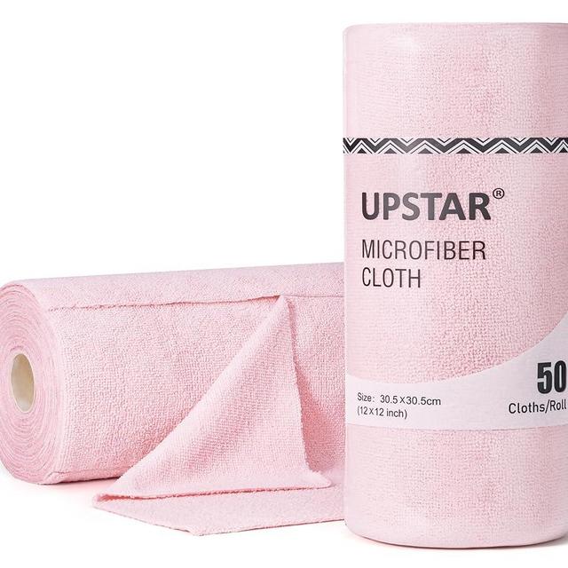 UPSTAR Microfiber Cleaning Cloth, Reusable Paper Towels Rolls, Dish Rags for Washing Dishes, Kitchen, Bathroom, Car, 12x12 inch, 50 Packs/Roll, Pink