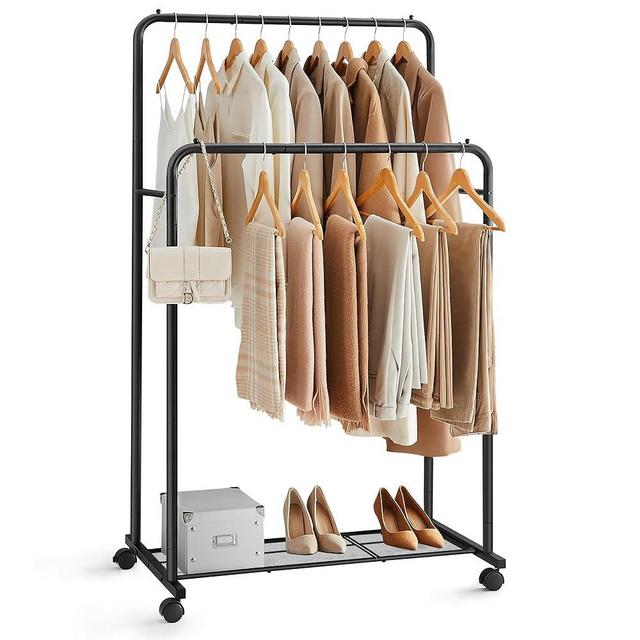 SONGMICS Clothes Rack with Wheels, Double Rods Clothing Rack for Hanging Clothes, 25.4 mm Metal Garment Rack with Dense Mesh Storage Shelf, 2 Brakes, Each Top Rail Holds up to 77 lb, Black UHSR26BKV1