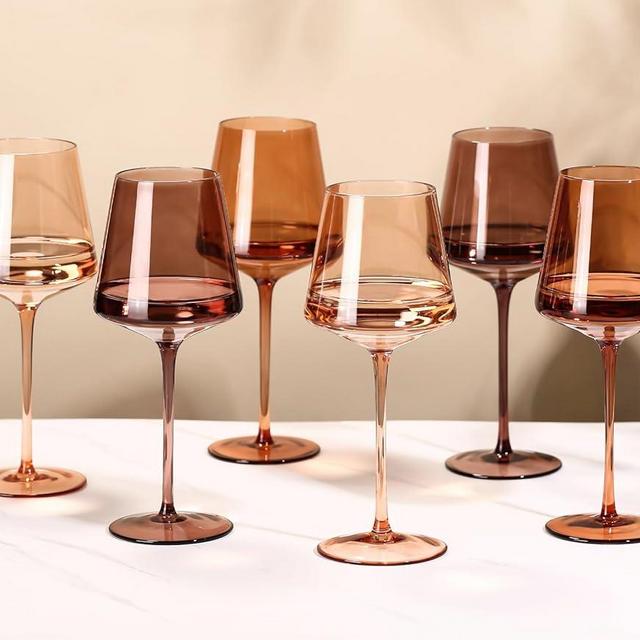 Cyrelwing Brown Wine Glasses Set of 6-18oz【Hand Blown】 Crystal Amber Stemmed Venus Wine Glasses-Brown Wine Glass set for Fall Autumn Winter Wine Dinner