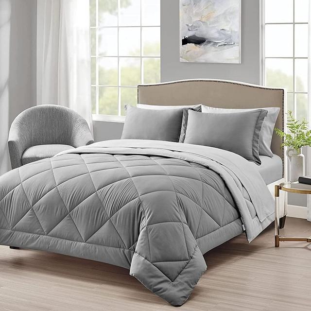 Love's cabin Queen Comforter Set Dark Grey and Light Grey, 7 Pieces Queen Bed in a Bag, All Season Queen Bedding Sets with 1 Comforter, 1 Flat Sheet, 1 Fitted Sheet, 2 Pillowcase and 2 Pillow Sham
