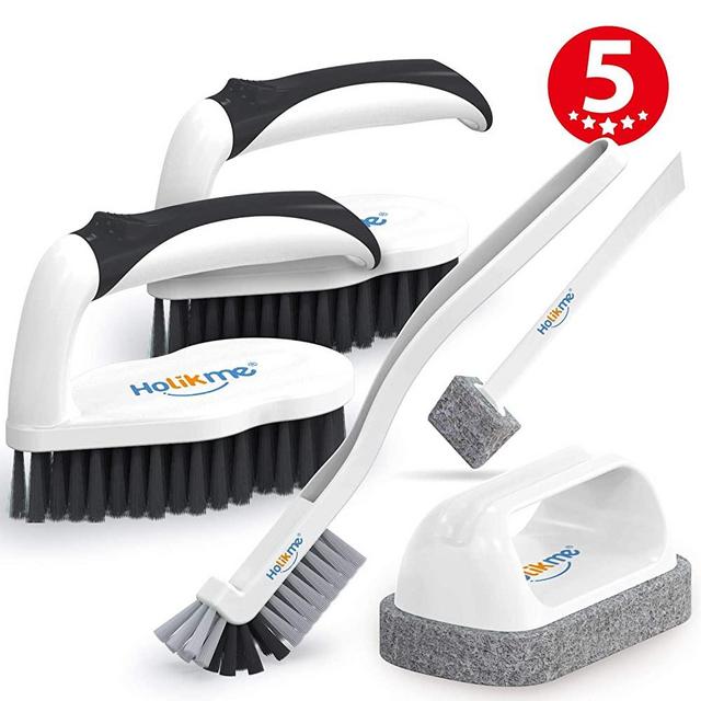 Holikme 5 Pack Deep Clean Brush Set，Scrub Brush&Grout and Corner Brush&Scrub Pads with Scraper Tip&Scouring Pads，for Bathroom,Floor, Tub, Shower, Tile, Bathroom and Kitchen Surface（Black）