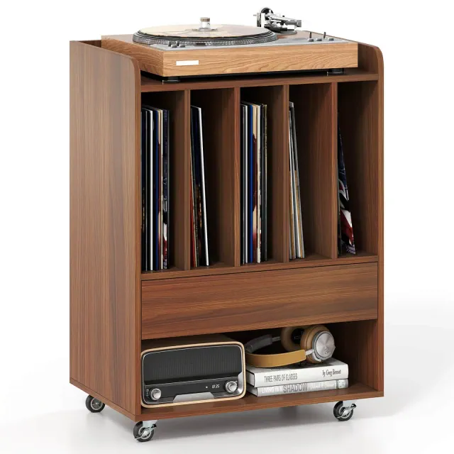 Costway Record Player Stand with Drawer & Record Holder,Lockable Wheels for Living Room Walnut