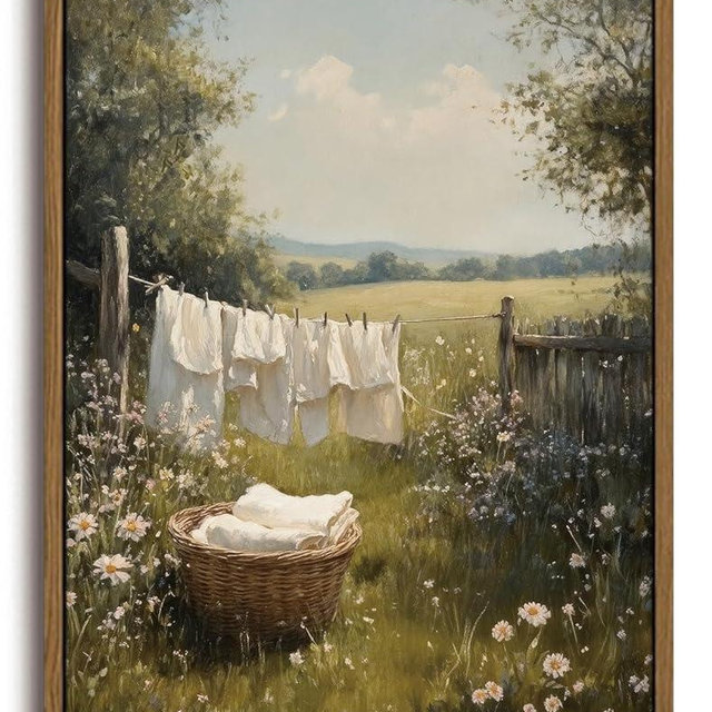 KISSFOX Vintage Framed Wall Art For Laundry Room Decor Country Landscape Pictures Wall Decor Rustic Summer Wildflower Canvas Art Prints Modern Farmhouse Paintings Artwork