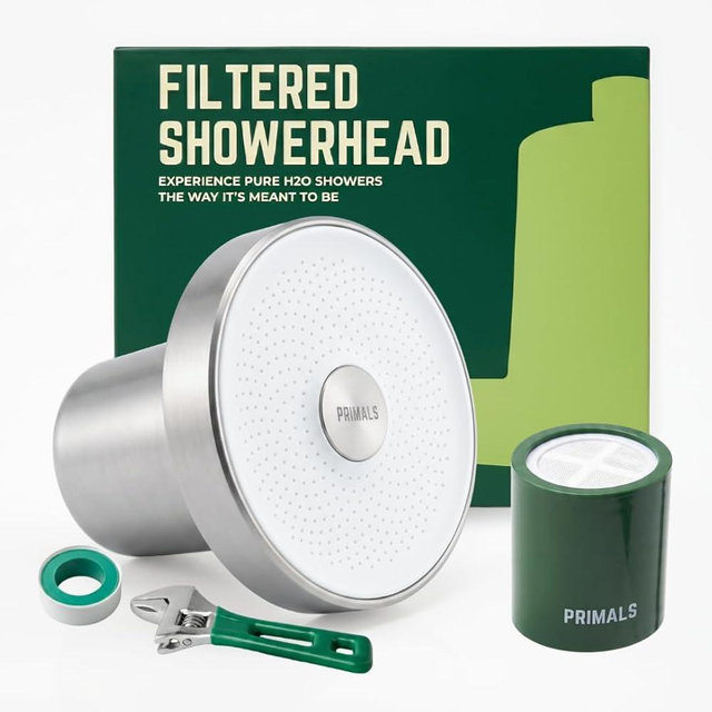 PRIMALS Filtered Shower Head - Removes Chlorine, Fluoride, Heavy Metals & Other Harmful Substances - Reduces Hairloss, Dry Itchy Skin, Eczema & Dandruff - Luxurious Water Pressure - Brushed Nickel