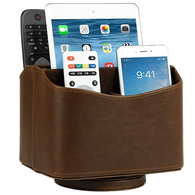 HofferRuffer Spinning Remote Control Holder, Remote Caddy, Spinning Remote Control Organizer, PU Leather (Classic Brown)