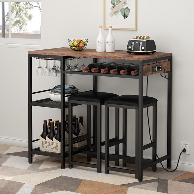 Gyfimoie Bar Table and Chairs Set with Power Outlet, Pub Table and Chairs Set for 2 with 2 Storage Shelves, 3 Piece Table Set with Wine Rack&Glass Holder for Living Room,Dining Room,Small Apt (Rustic)