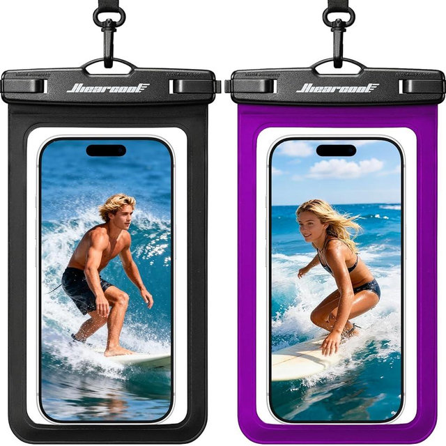 Hiearcool Waterproof Phone Pouch 2 Pack, IPX8 Dry Bag with Lanyard, Touch Screen Compatible for iPhone 17/16/15/14/13 Pro Max, Beach Swimming Cruise Travel-Black & Deep Purple