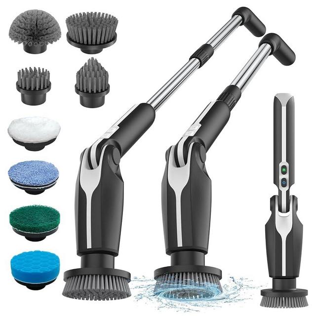 Leebein Electric Spin Scrubber, 2024 Upgraded Electric Scrubber for Cleaning, Spin Scrubber with Long Handle & 8 Replaceable Brush Heads, Remote Control Shower Cleaner Brush for Bathroom, Floor(Black)