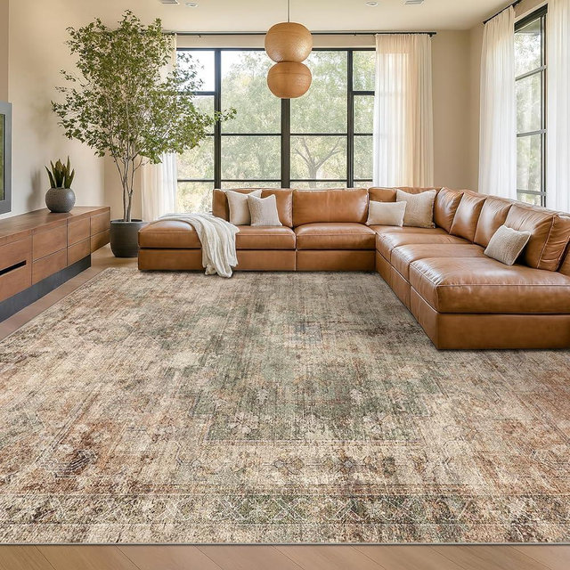 Hazo Haus Farmhouse Floor Rugs for Living Room - Brown and Green Dining Room Area Rugs 8x10 for Bedroom, Washable, Soft, Lightweight & Stain Resistance, Neutral Dark Vintage Medallion Decor