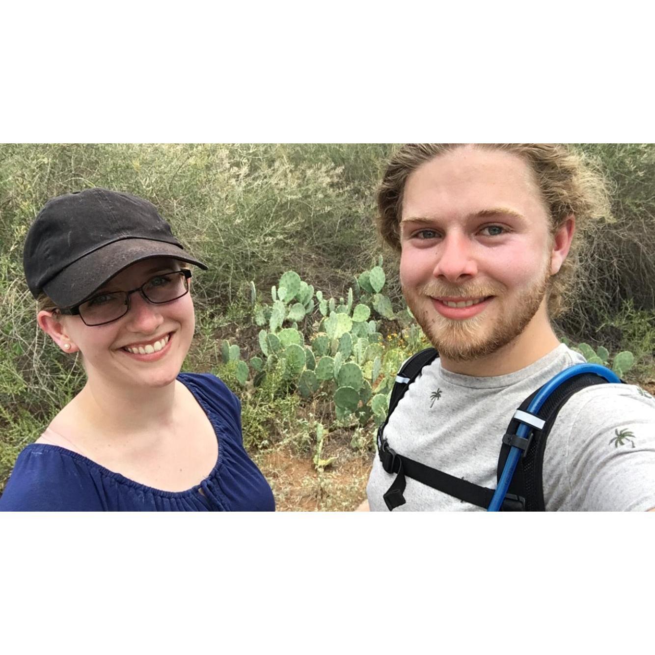 Our "cactus selfie" while hiking near Austin, Texas. This was a part of our summer roadtrip to visit Kaitlin's family in Houston. (June 2018)