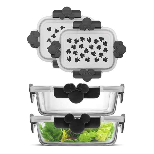JoyJolt Disney Mickey & Minnie Glass Food Storage Containers with Lids, 2 Airtight Borosilicate Glass Storage Containers with Lids for Kitchen, Reusable Meal Prep Container, Disney Gifts | Black