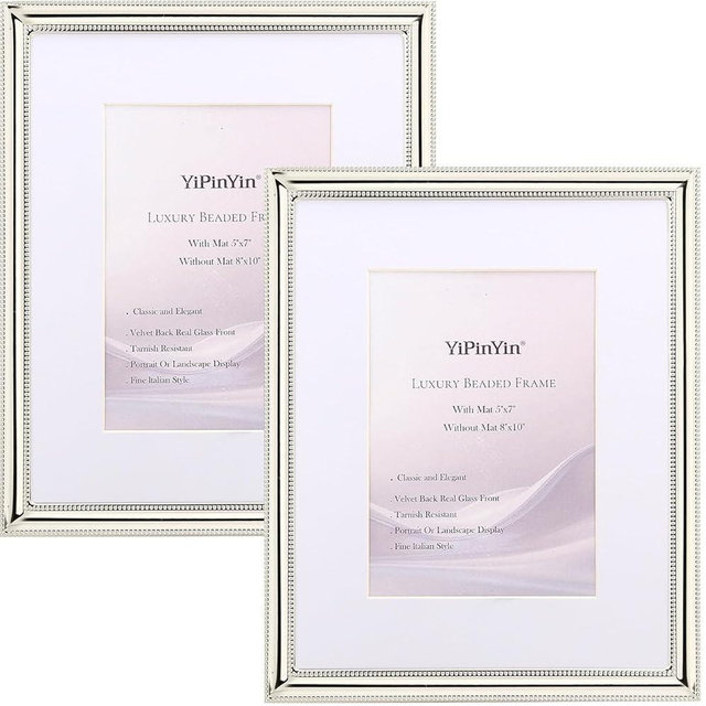 YiPinYin Classy Silver Plated 8x10''Photo Frame 2 pack,Classic Beaded Frame 8x10'' Mat 5x7'',Real glass front and Velvet Backing,Perfect Gifts and Treasured Memories (Silver)