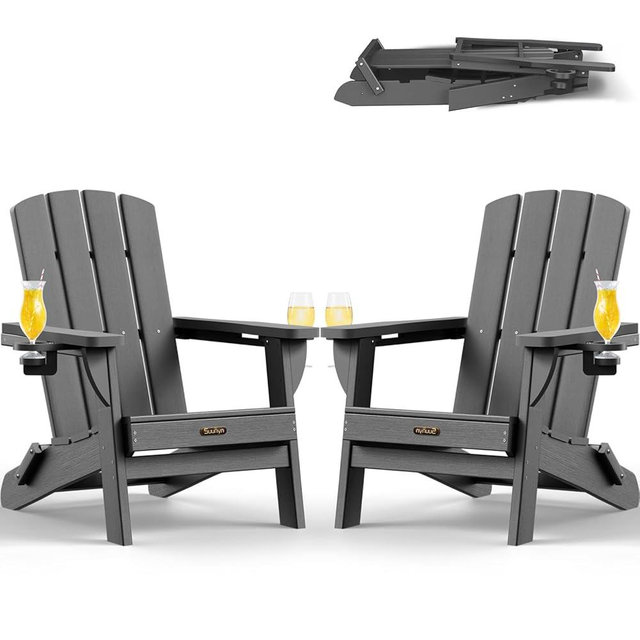 SUUNYN Folding Adirondack Chair 2 Pack, HDPE All-Weather Fire Pit Chairs, Plastic Adirondack Chairs with 2 Cup Holder, Outdoor Lawn Chair for Patio Garden (Grey)