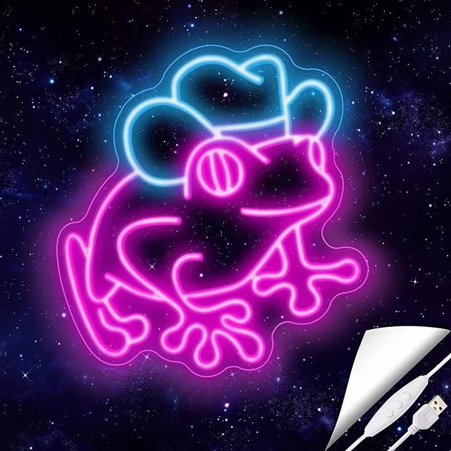 Cowboy Frog Neon Sign for Wall Decor Frog with Cowboy Hat Led Neon Light for Kids Room Man Cave Bar Store Home Party Art Decor Gifts, Ice Blue & Pink, Dimmable & USB Powered, 12.6" x 13.5"